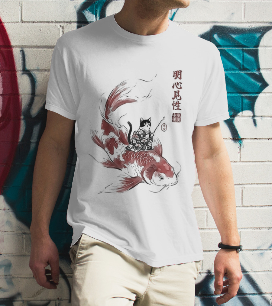 Kimono Cat Riding Koi Fish Classical Japanese T-Shirt