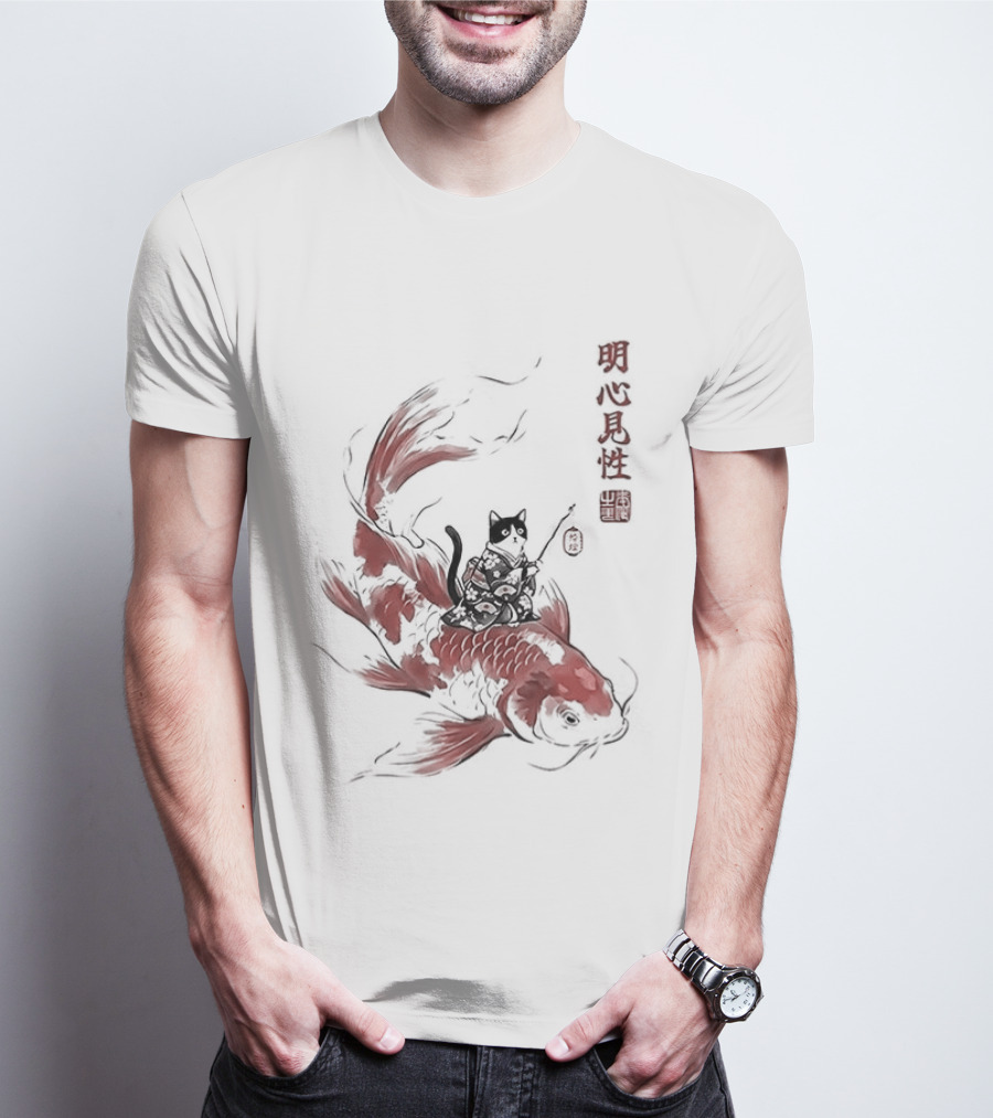 Kimono Cat Riding Koi Fish Classical Japanese T-Shirt