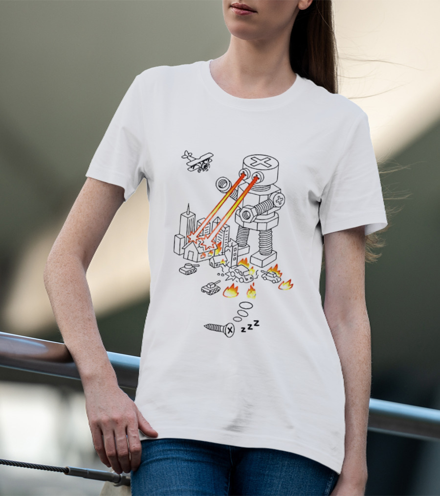 Screw Robot Destroying City Doodle Laser Eyes Fire Chaos Airplane Tanks T-Shirt