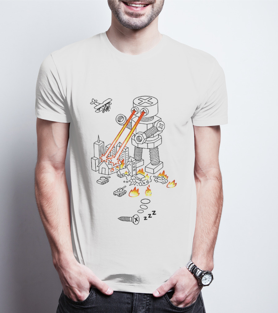 Screw Robot Destroying City Doodle Laser Eyes Fire Chaos Airplane Tanks T-Shirt
