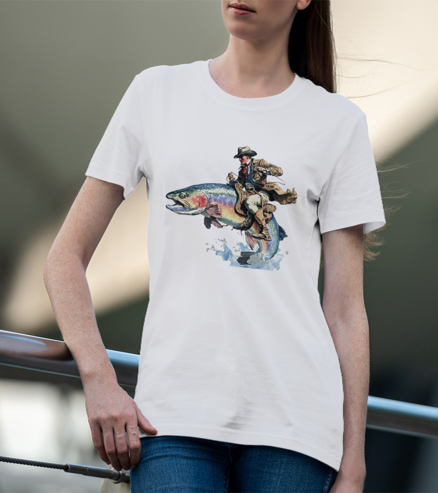 Cowboy Riding Rainbow Trout Adventure Scene T-Shirt
