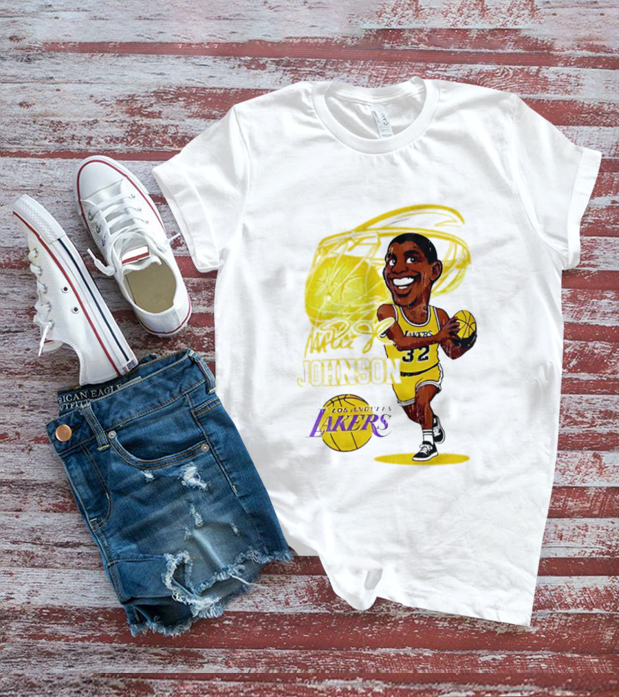 Magic Johnson 32 Los Angeles Lakers Basketball Caricature T-Shirt