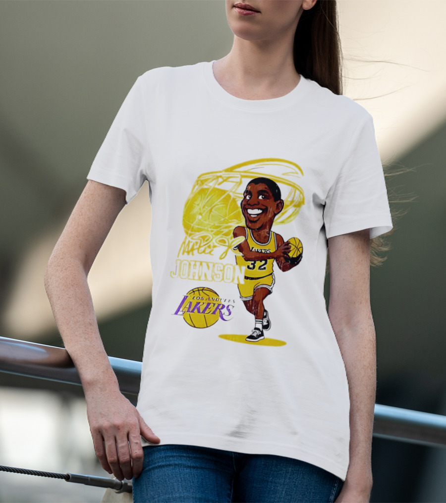 Magic Johnson 32 Los Angeles Lakers Basketball Caricature T-Shirt