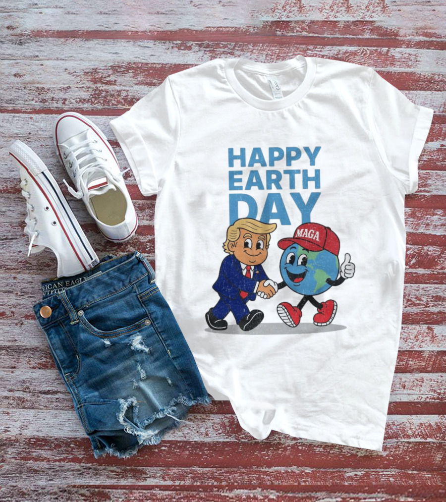 Happy Earth Day Trump MAGA Earth Cartoon Shaking Hands T-Shirt