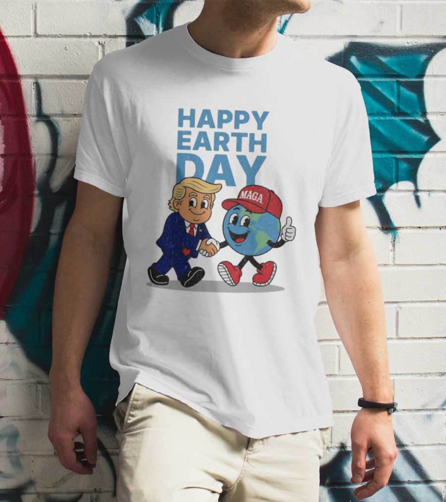 Happy Earth Day Trump MAGA Earth Cartoon Shaking Hands T-Shirt
