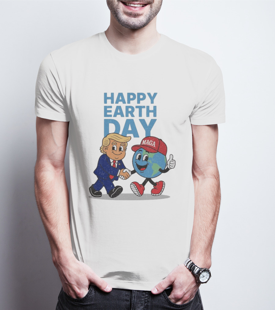 Happy Earth Day Trump MAGA Earth Cartoon Shaking Hands T-Shirt