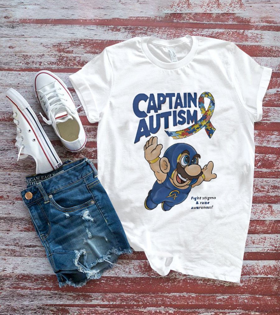 Captain Autism Super Mario Puzzle Ribbon Flying Awareness T-Shirt