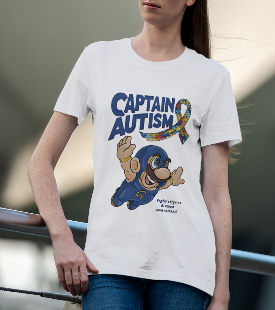 Captain Autism Super Mario Puzzle Ribbon Flying Awareness T-Shirt
