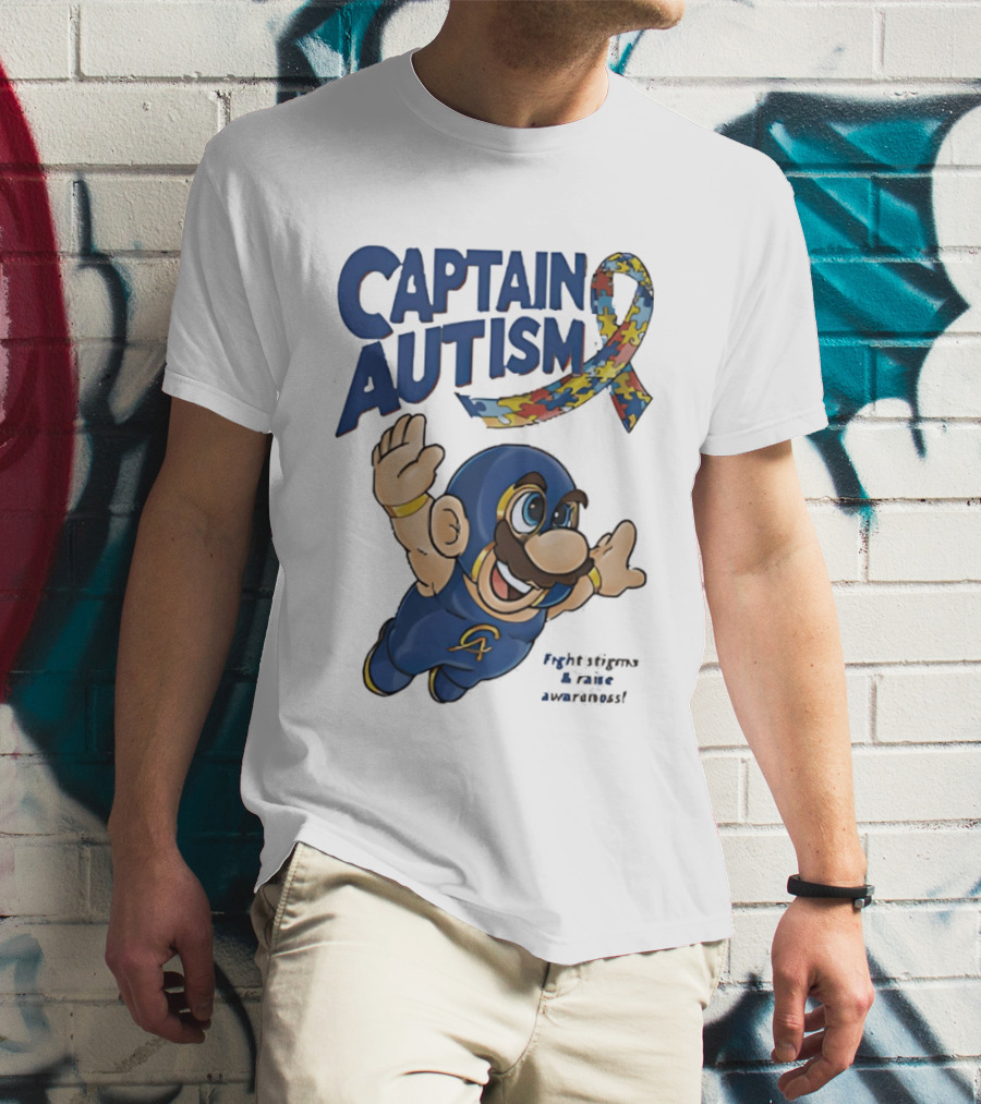 Captain Autism Super Mario Puzzle Ribbon Flying Awareness T-Shirt