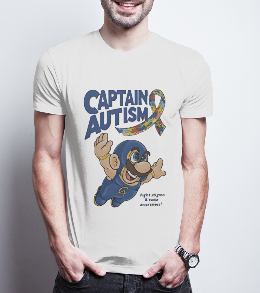 Captain Autism Super Mario Puzzle Ribbon Flying Awareness T-Shirt