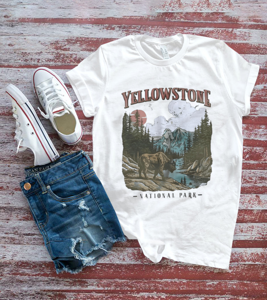 Yellowstone National Park Wild Buffalo By Stream Scenic Landscape T-Shirt