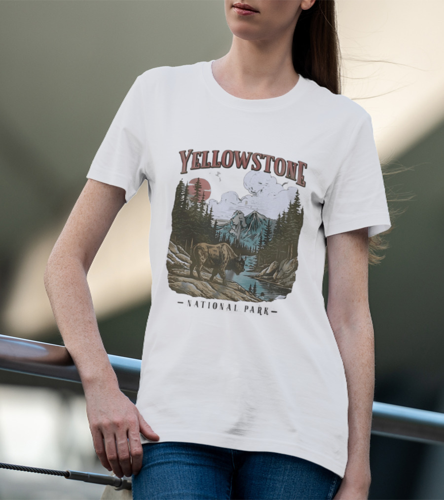 Yellowstone National Park Wild Buffalo By Stream Scenic Landscape T-Shirt