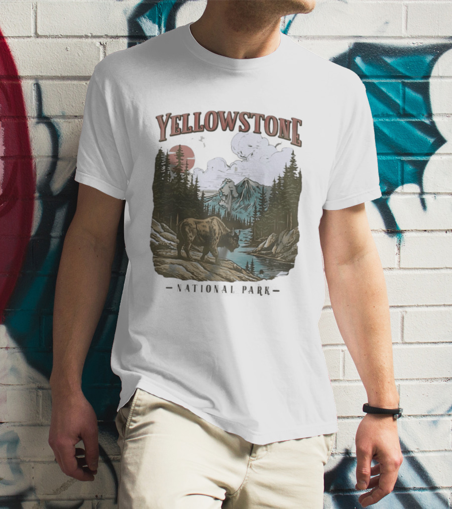 Yellowstone National Park Wild Buffalo By Stream Scenic Landscape T-Shirt