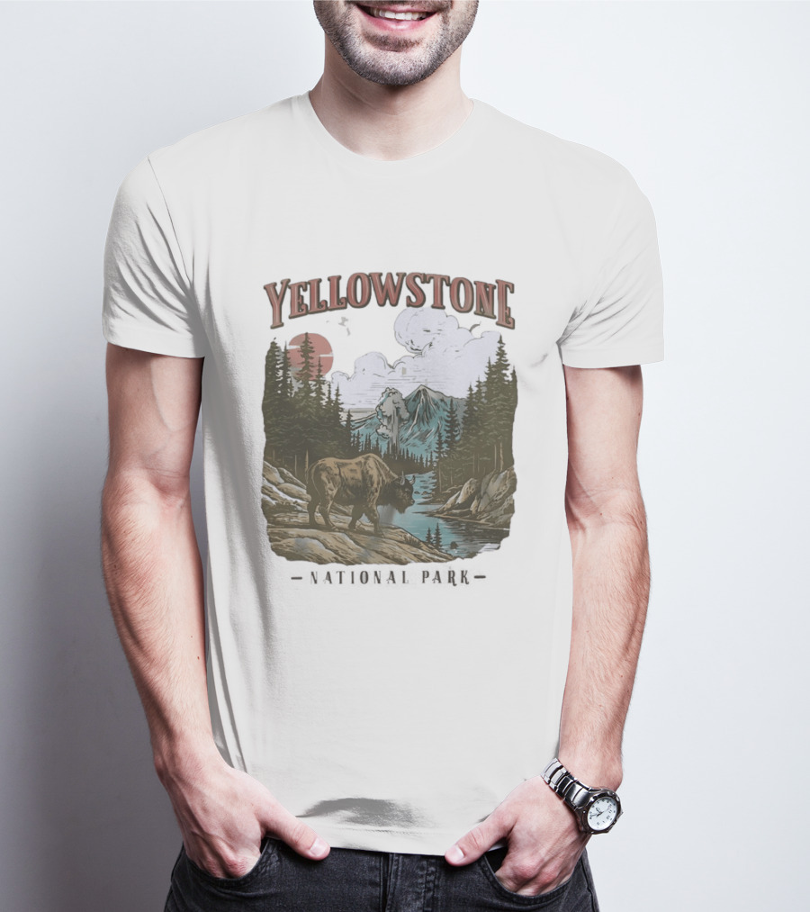Yellowstone National Park Wild Buffalo By Stream Scenic Landscape T-Shirt