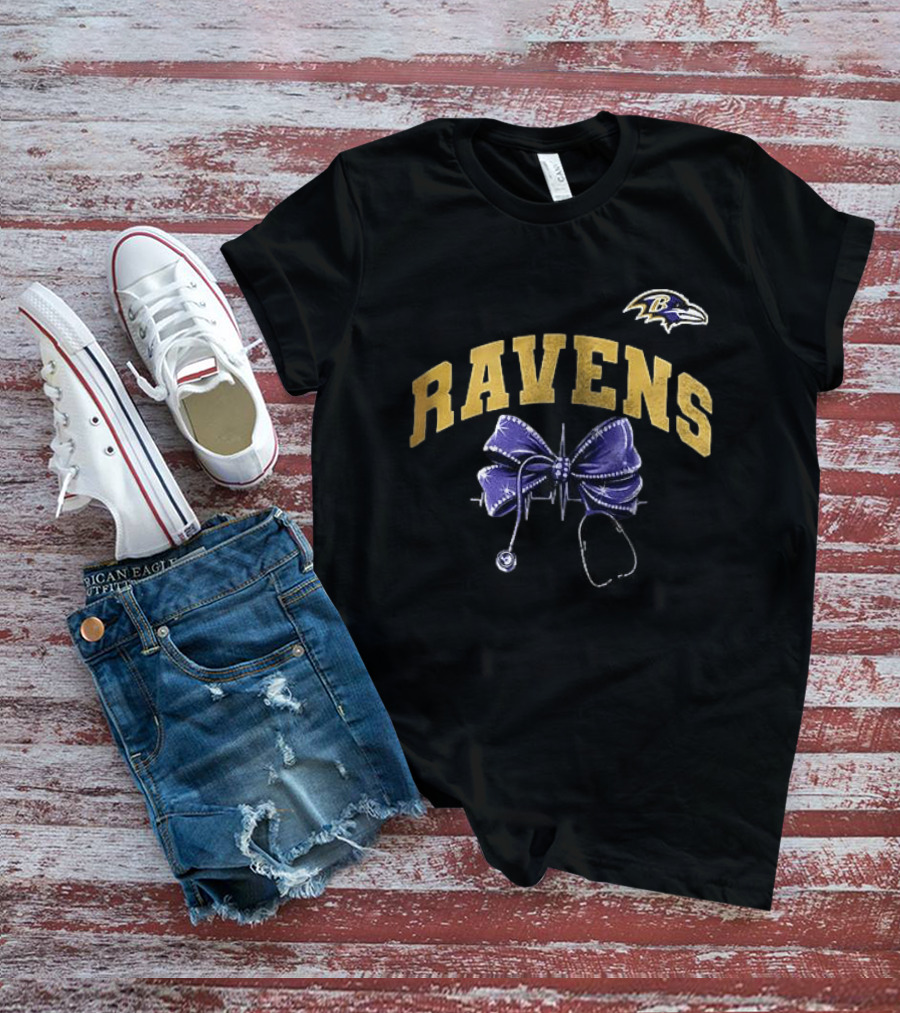 Baltimore Ravens Nurse By Heart By Soul Ravens Stethoscope Bow T-Shirt