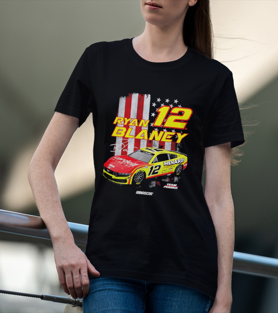 Ryan Blaney 12 Team Penske NASCAR American Flag Racing Car T-Shirt
