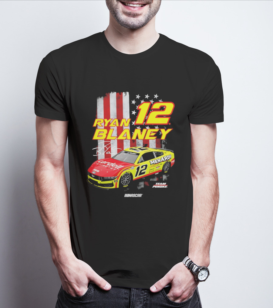 Ryan Blaney 12 Team Penske NASCAR American Flag Racing Car T-Shirt