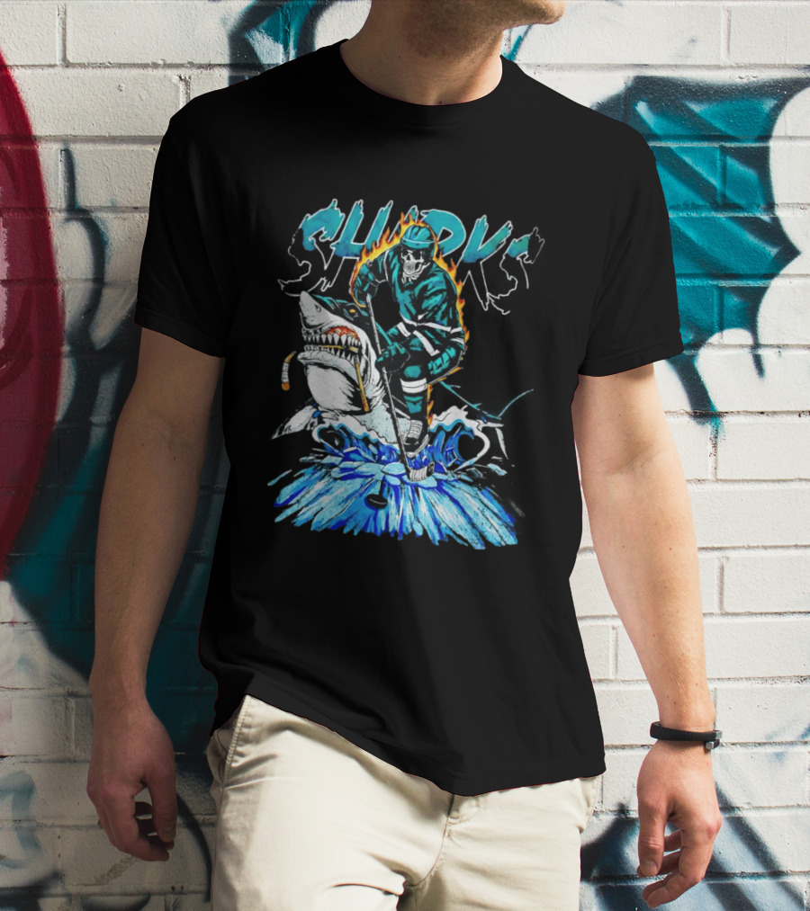 San Jose Sharks 90s Hockey Skull Flames Ice Shark Rider T-Shirt