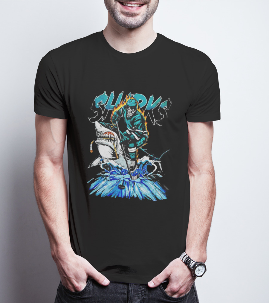 San Jose Sharks 90s Hockey Skull Flames Ice Shark Rider T-Shirt