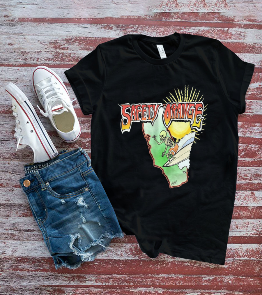 Safety Orange Skeleton Surfing Explosion Scene T-Shirt