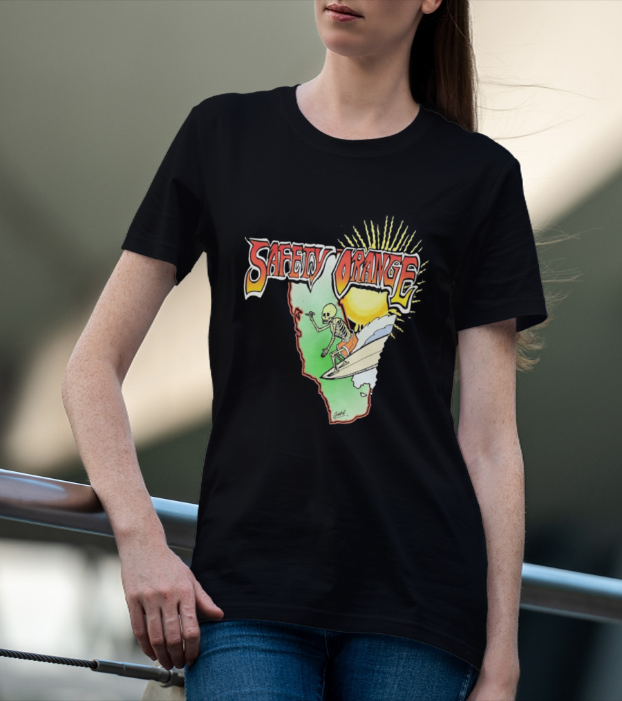Safety Orange Skeleton Surfing Explosion Scene T-Shirt