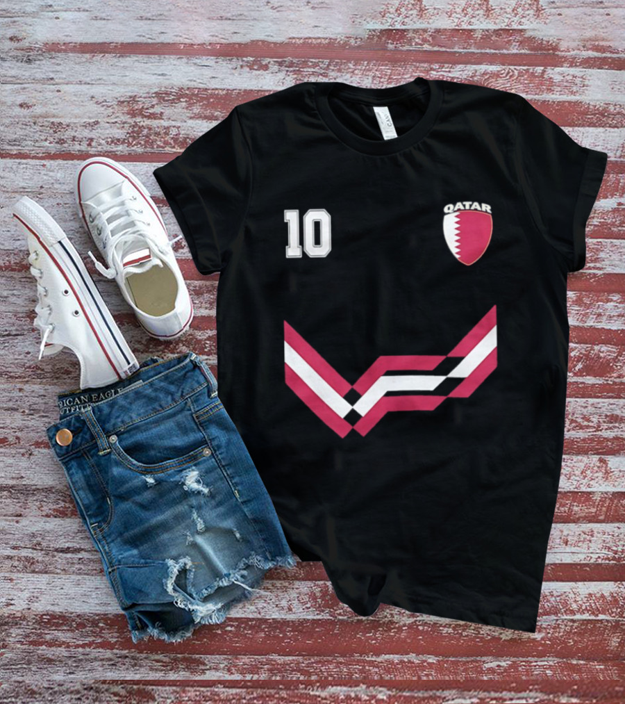 Akram Afif Qatar 10 Soccer Badge Red Chevron T-Shirt