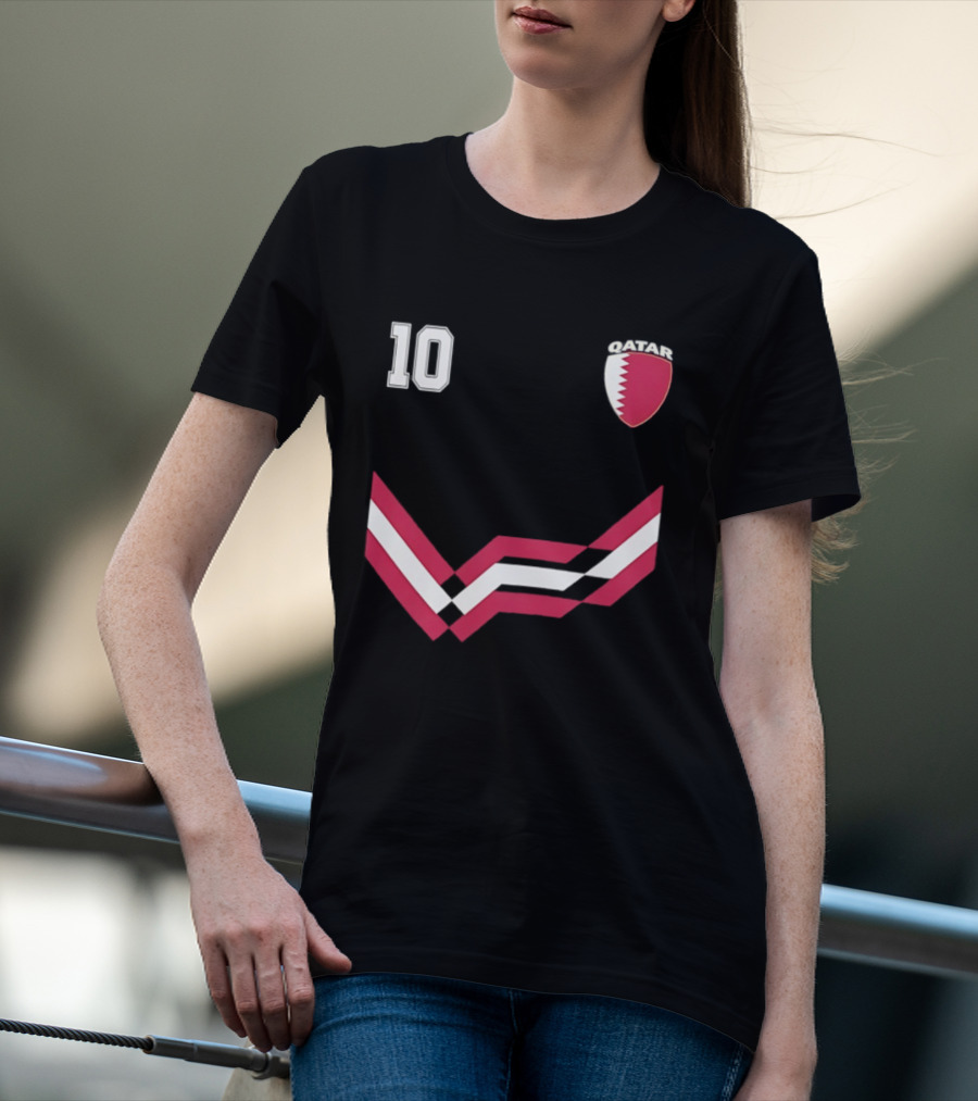 Akram Afif Qatar 10 Soccer Badge Red Chevron T-Shirt