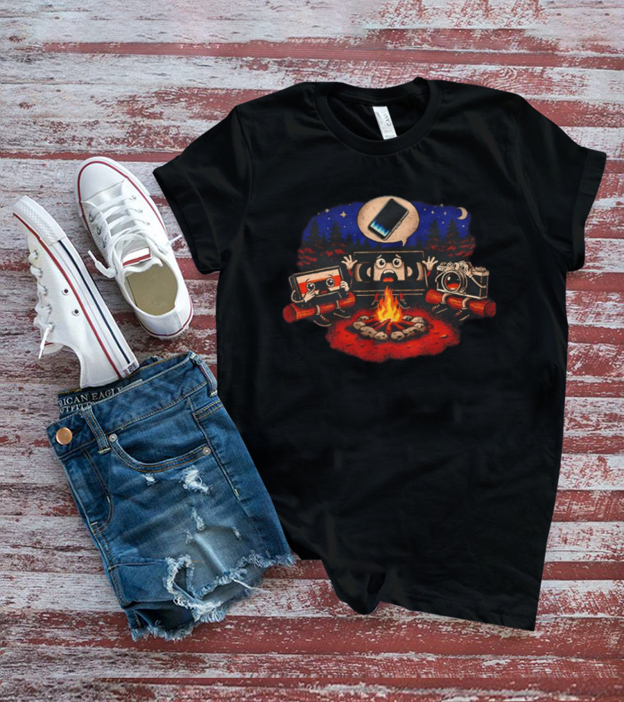 Analog Friends Tape Camera TV Scary Campfire Smartphone Story Night T-Shirt