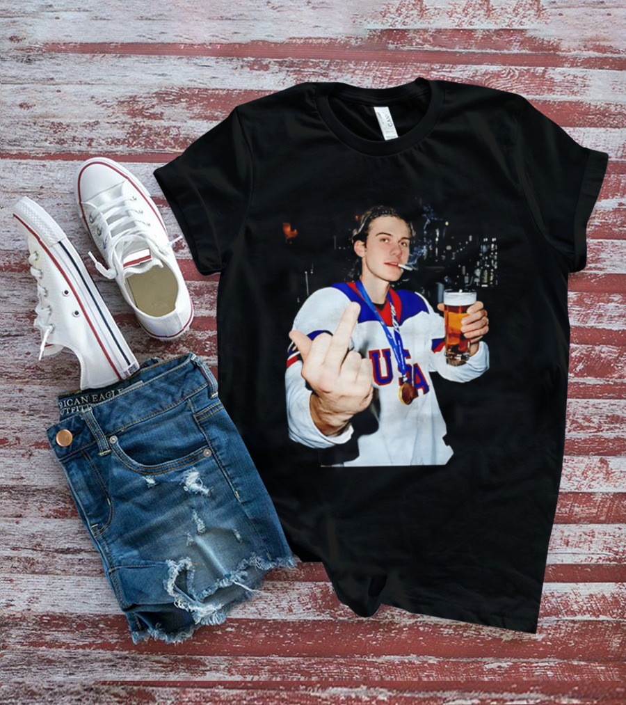 USA Hockey Player Victory Celebration Smoking Beer Middle Finger T-Shirt