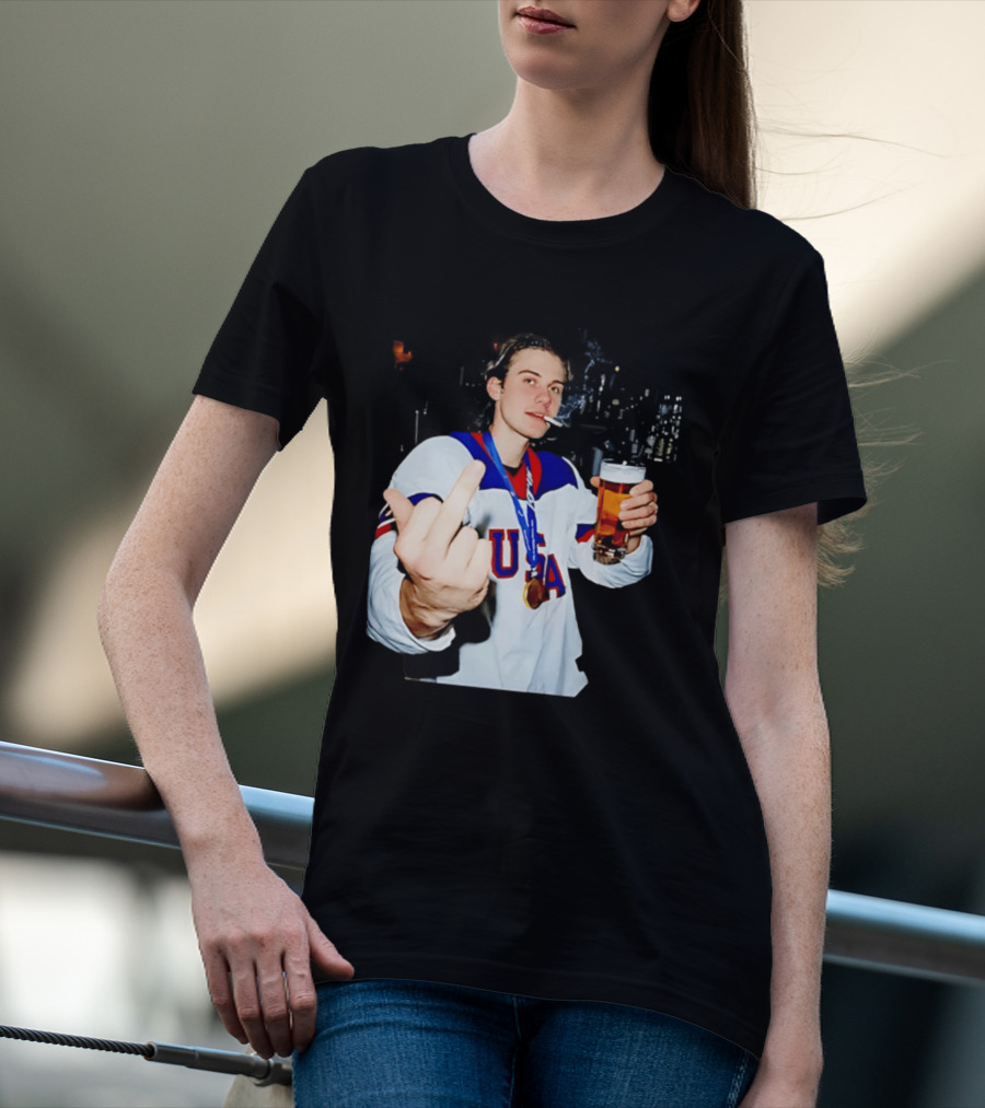 USA Hockey Player Victory Celebration Smoking Beer Middle Finger T-Shirt