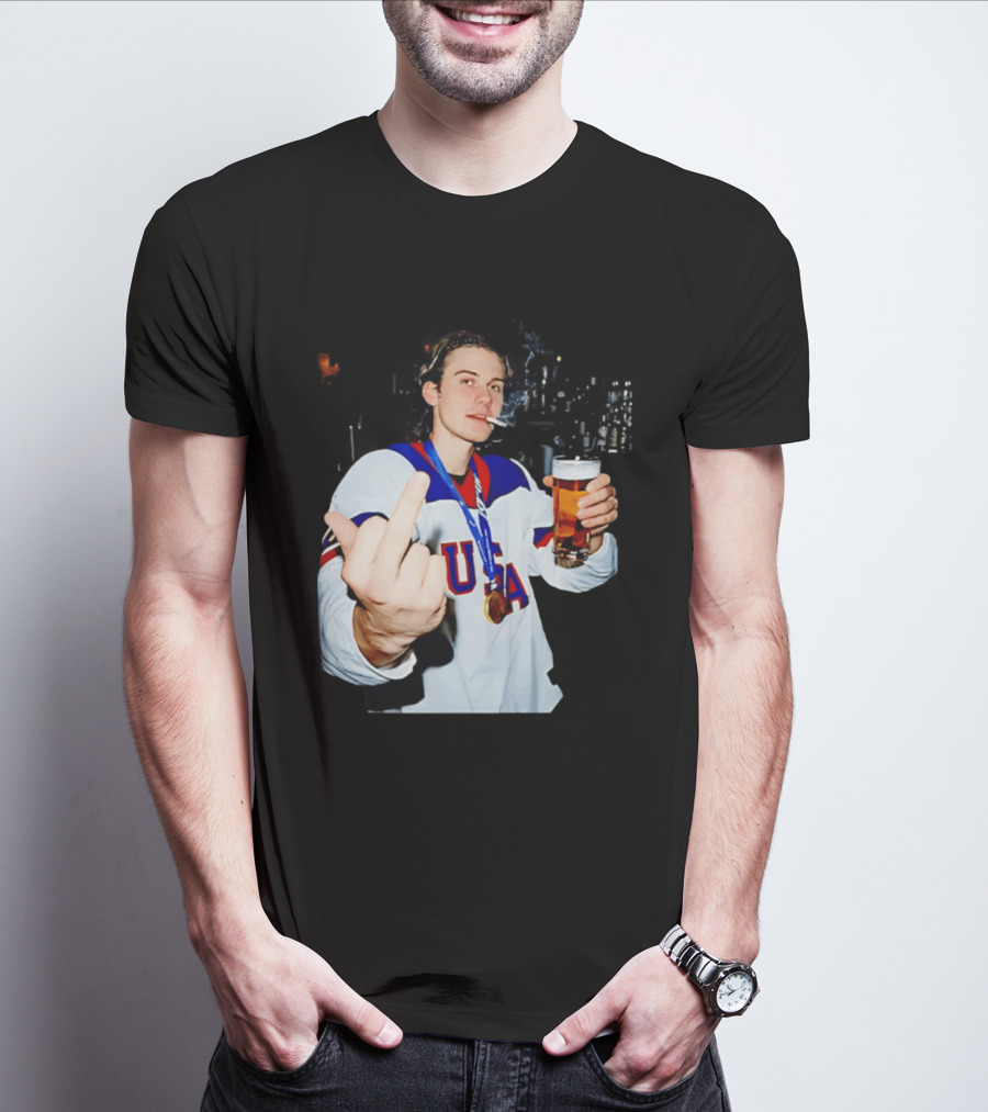 USA Hockey Player Victory Celebration Smoking Beer Middle Finger T-Shirt