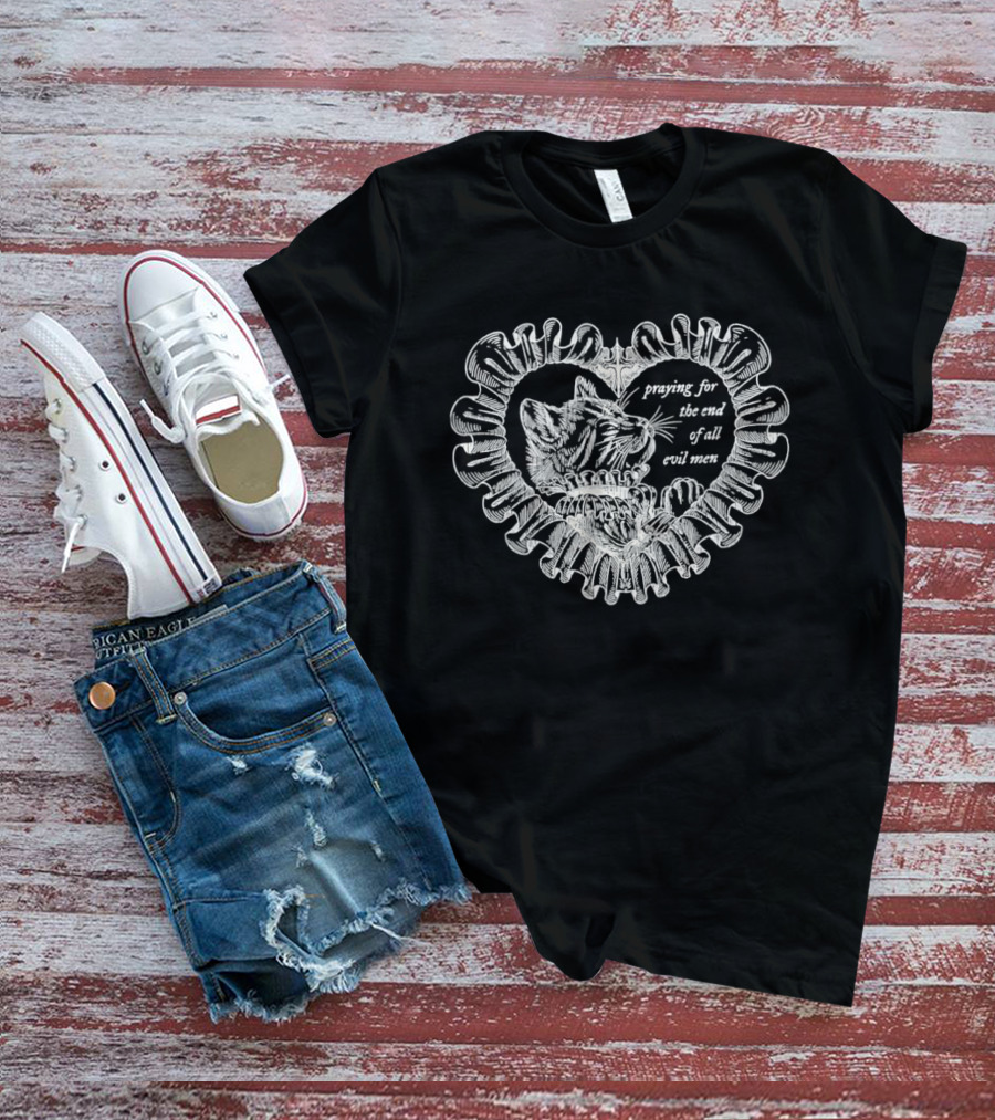 Cat Praying For The End Of All Evil Men Heart Shape T-Shirt