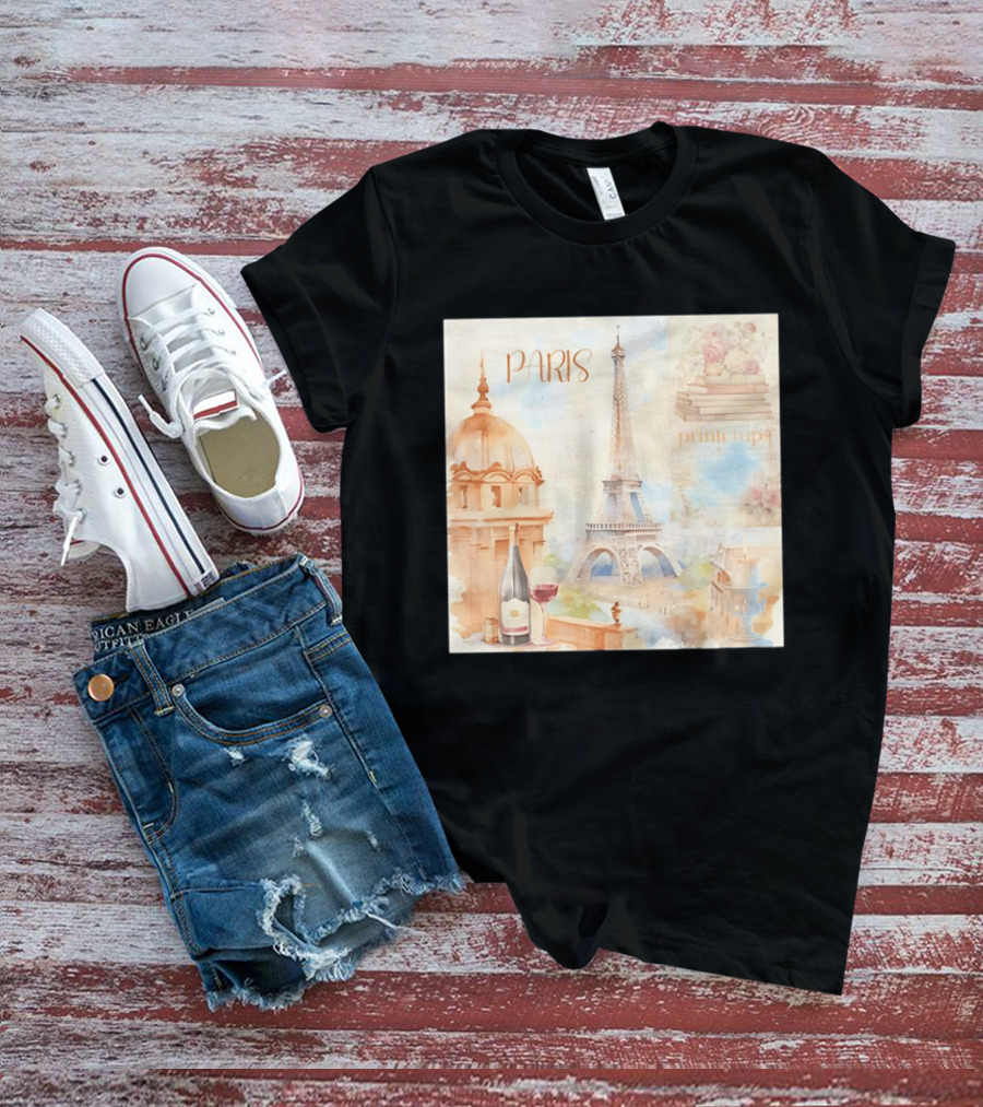 Paris Printemps Eiffel Tower Wine Flowers Books T-Shirt