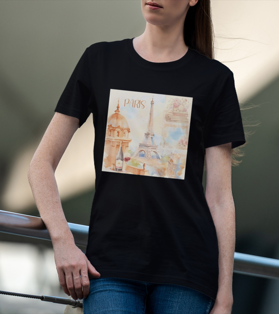 Paris Printemps Eiffel Tower Wine Flowers Books T-Shirt