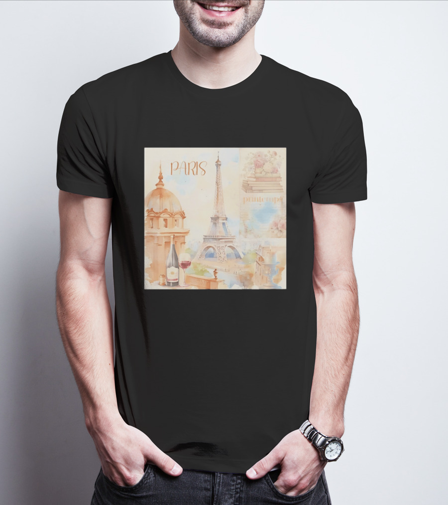 Paris Printemps Eiffel Tower Wine Flowers Books T-Shirt