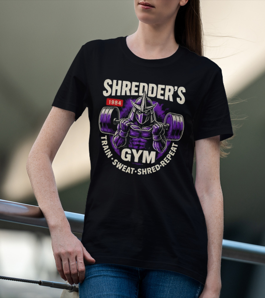 Shredder's 1984 Gym Train Sweat Shred Repeat Ninja Warrior Fitness T-Shirt