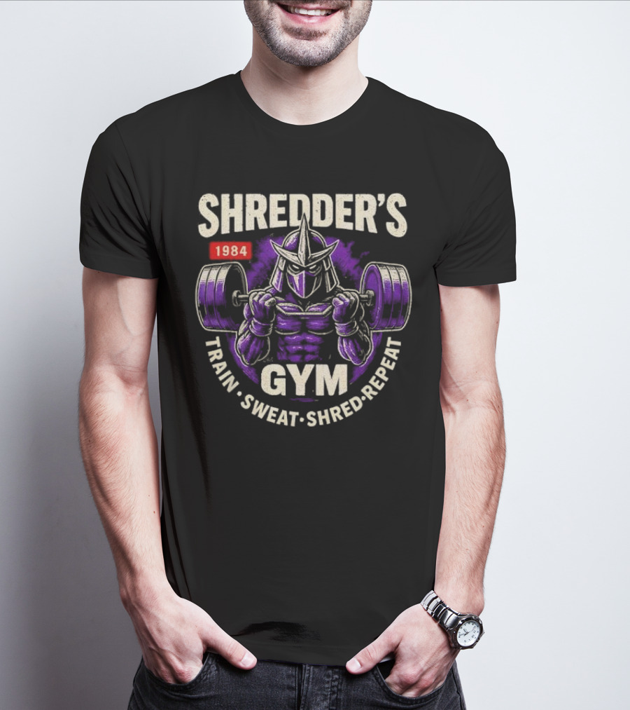 Shredder's 1984 Gym Train Sweat Shred Repeat Ninja Warrior Fitness T-Shirt