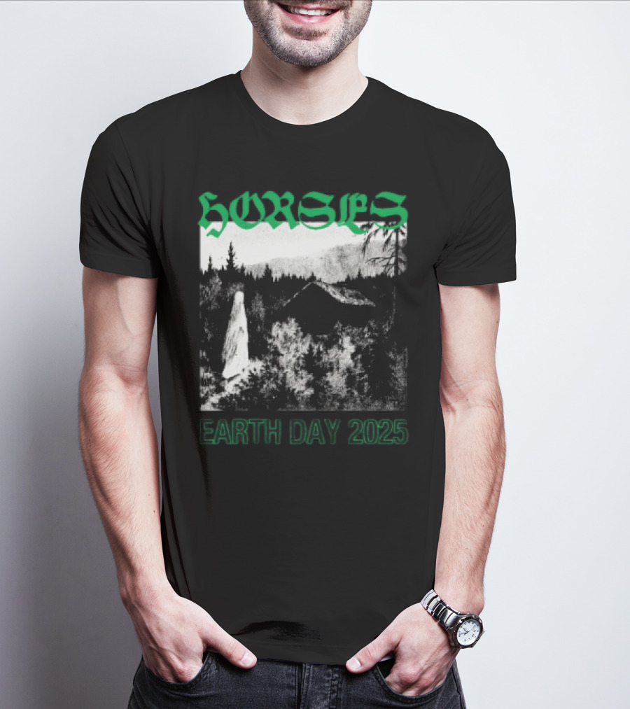 Horses Earth Day 2025 Ghostly Forest Cabin Scene T-Shirt