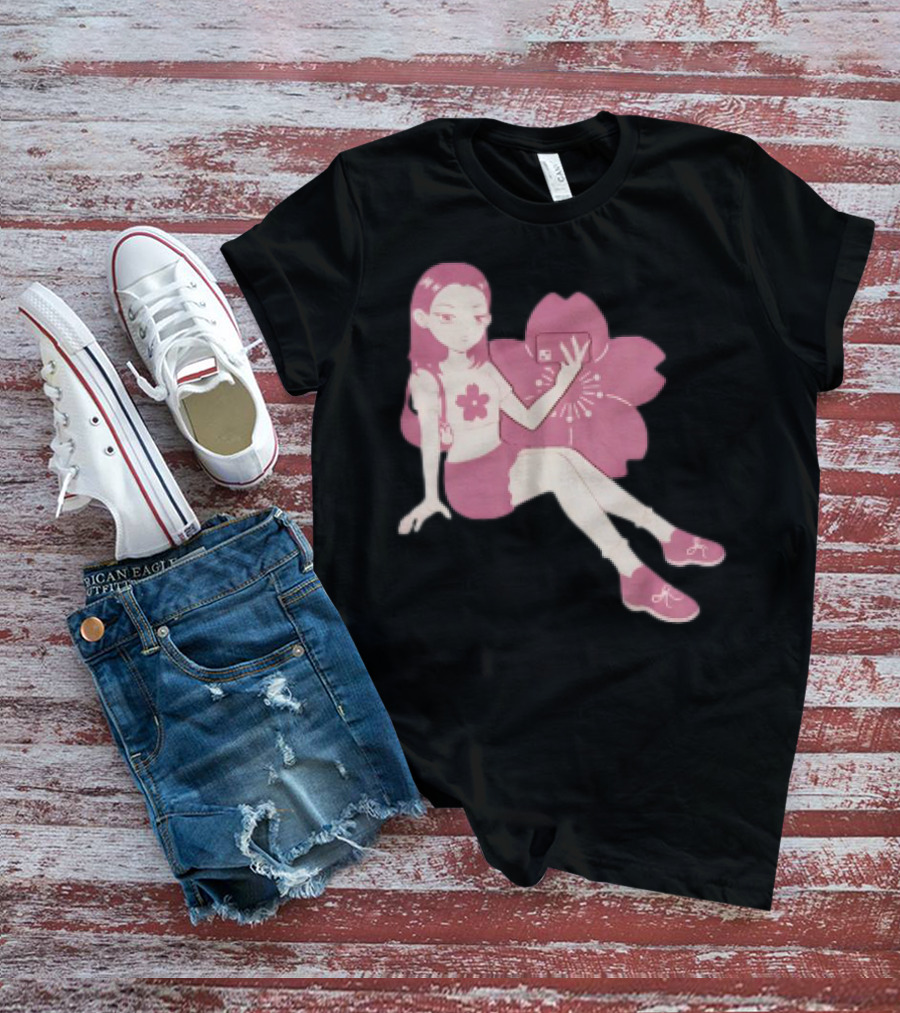 Mandys Brown Anime Style Girl Sakura Blossom Pattern T-Shirt