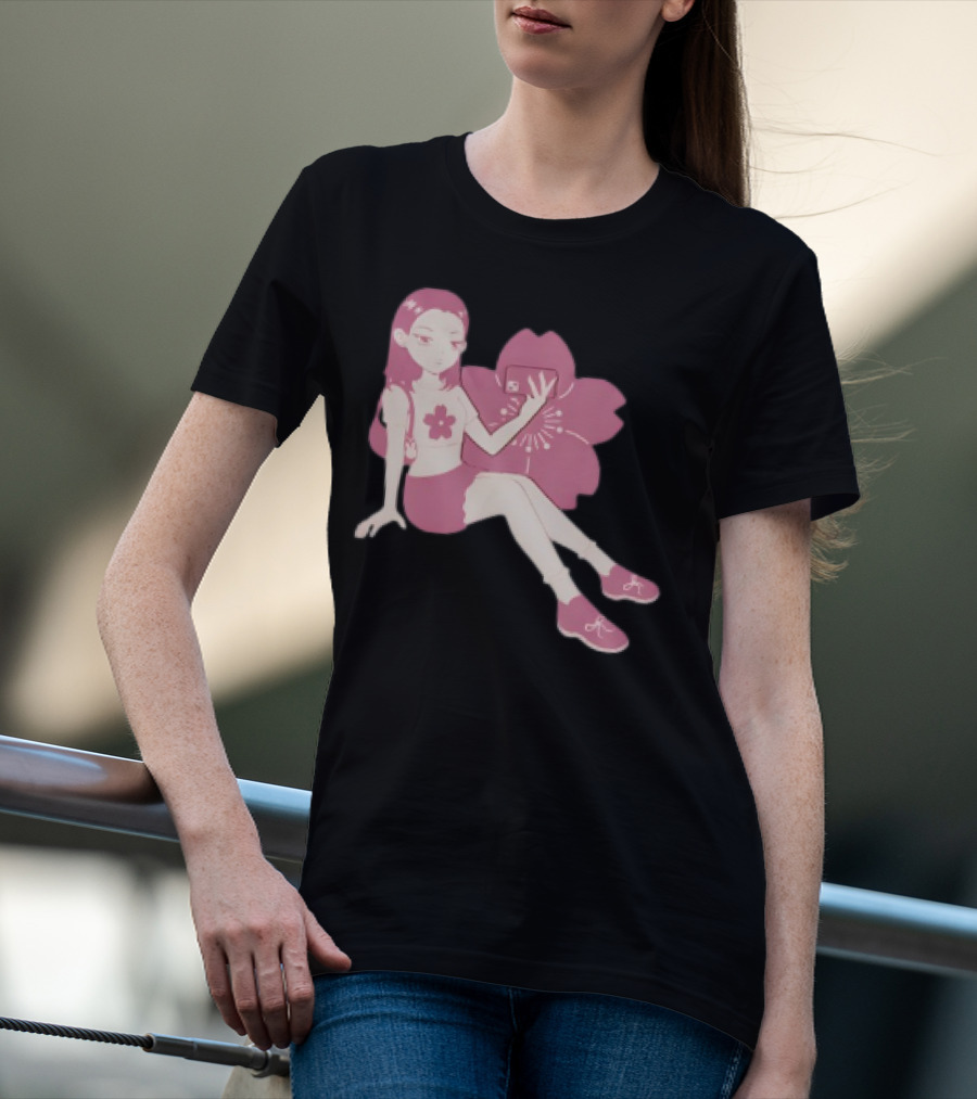 Mandys Brown Anime Style Girl Sakura Blossom Pattern T-Shirt