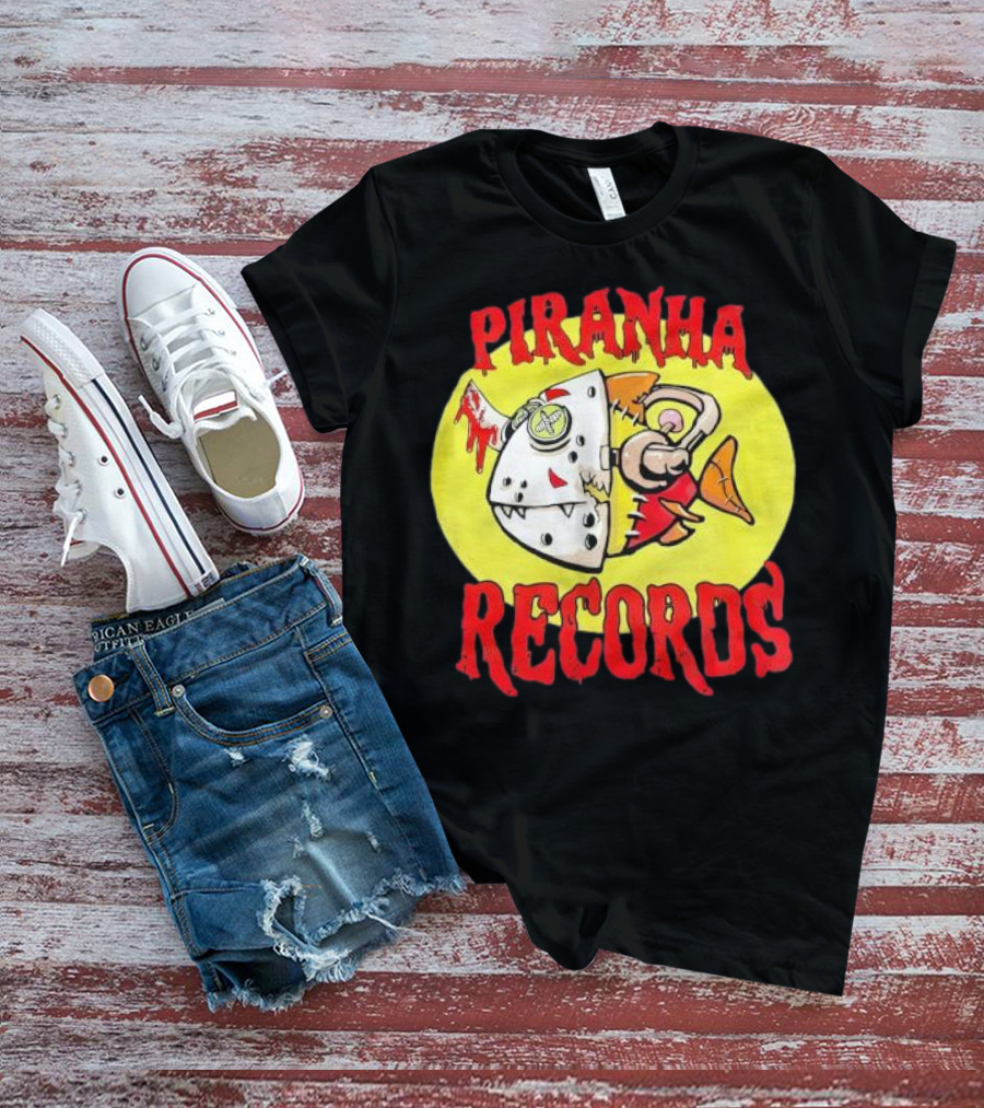 Piranha Records Cartoon Fish Bite Graphic T-Shirt