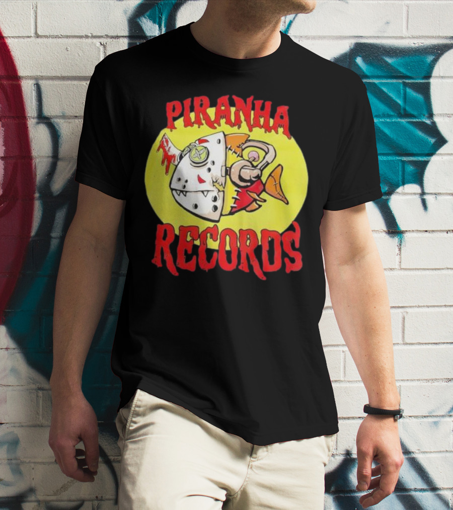 Piranha Records Cartoon Fish Bite Graphic T-Shirt
