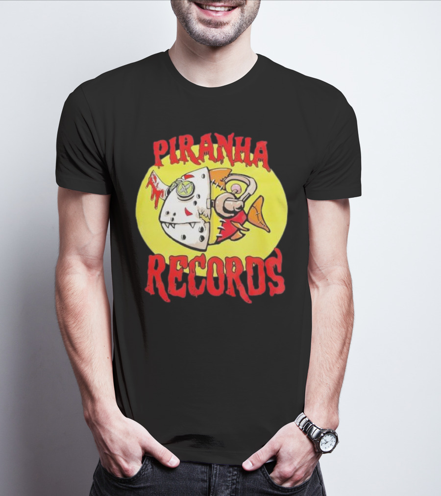 Piranha Records Cartoon Fish Bite Graphic T-Shirt