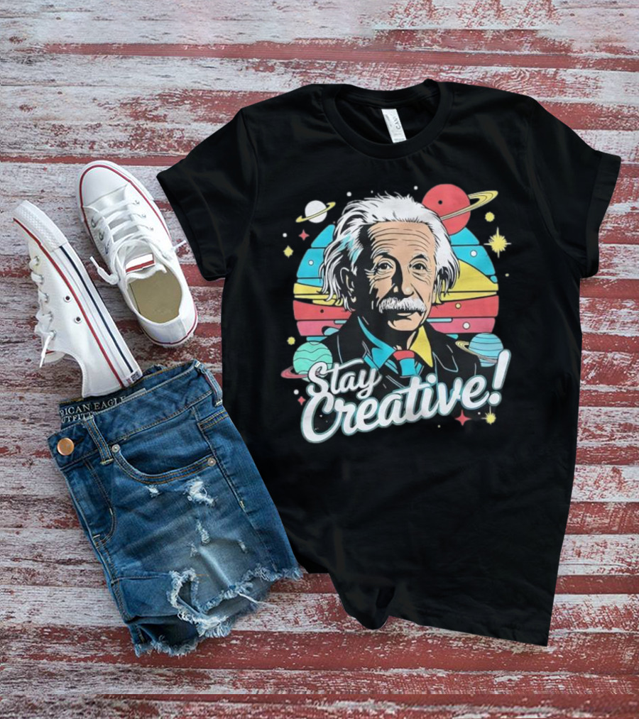 Albert Einstein Stay Creative Vintage Planets Space Theme T-Shirt