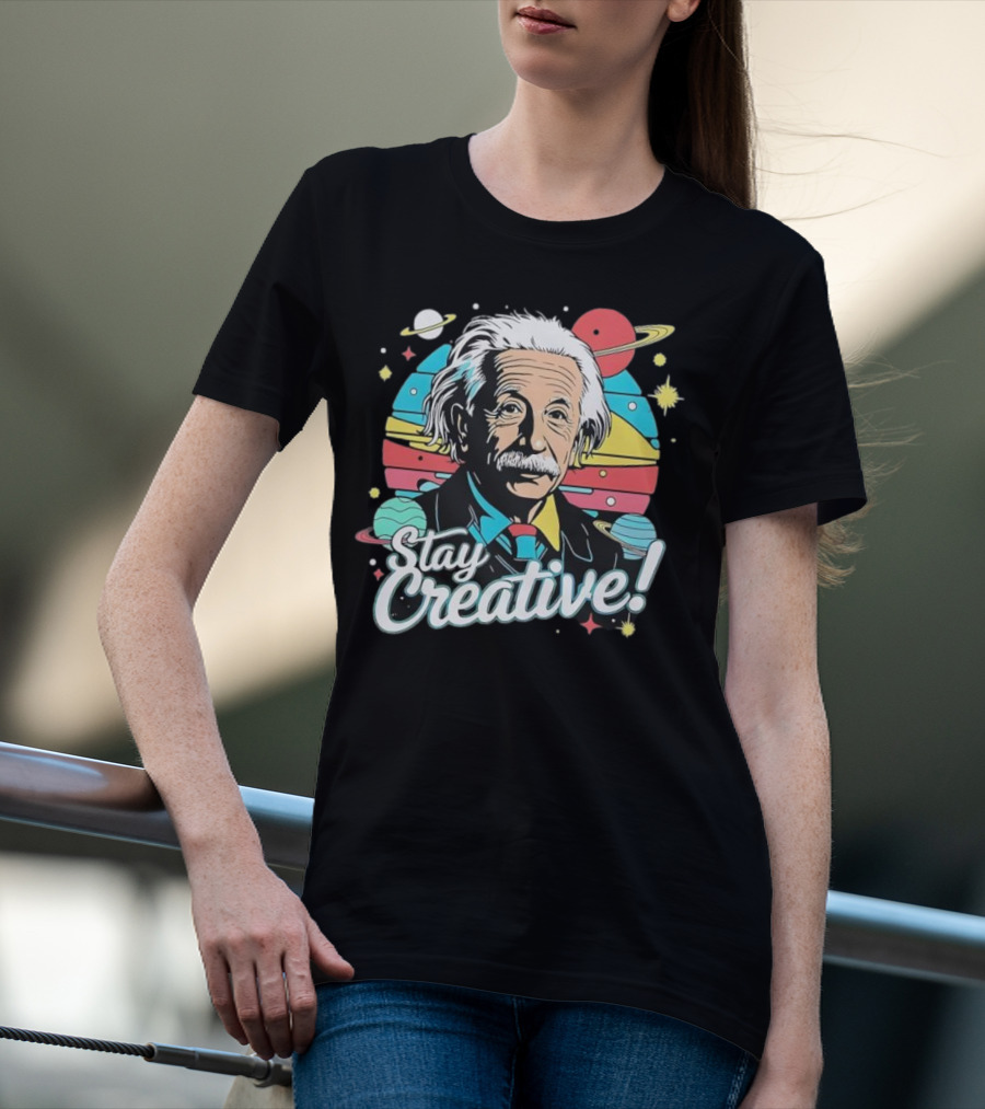 Albert Einstein Stay Creative Vintage Planets Space Theme T-Shirt