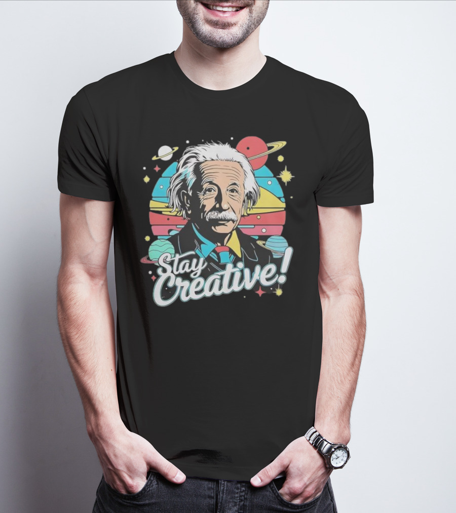 Albert Einstein Stay Creative Vintage Planets Space Theme T-Shirt