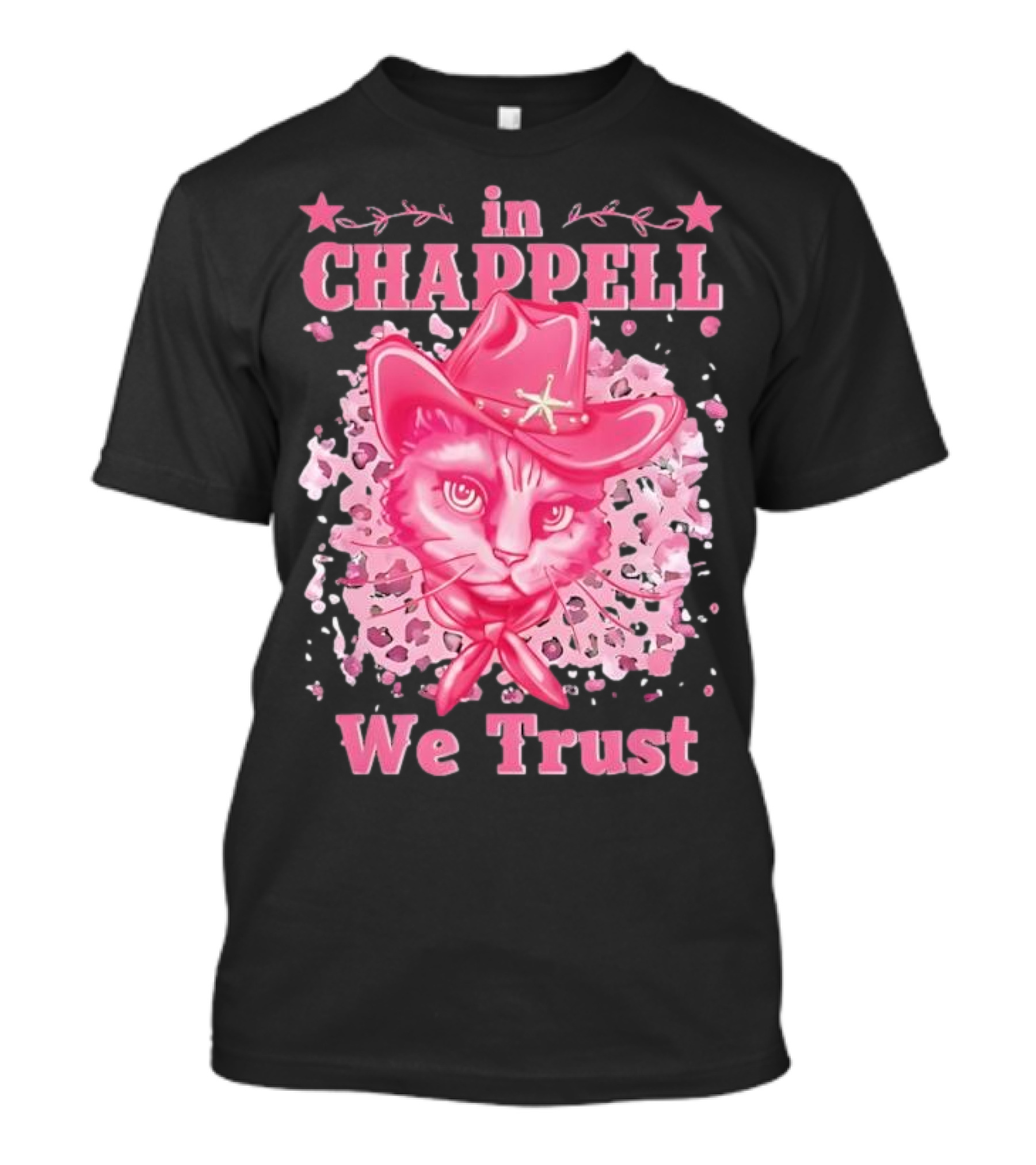 Cute Retro Cat In Chappell We Trust Cowboy Hat Pink Stars T-Shirt