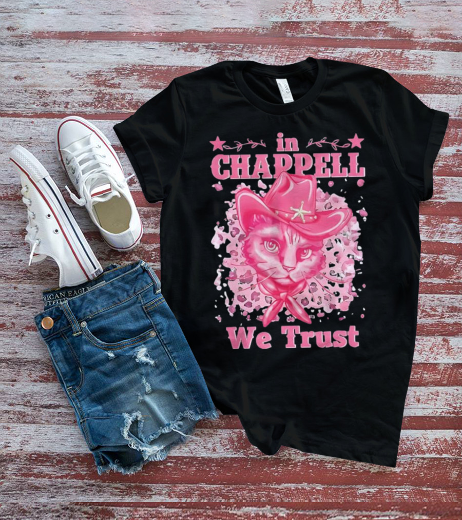 Cute Retro Cat In Chappell We Trust Cowboy Hat Pink Stars T-Shirt