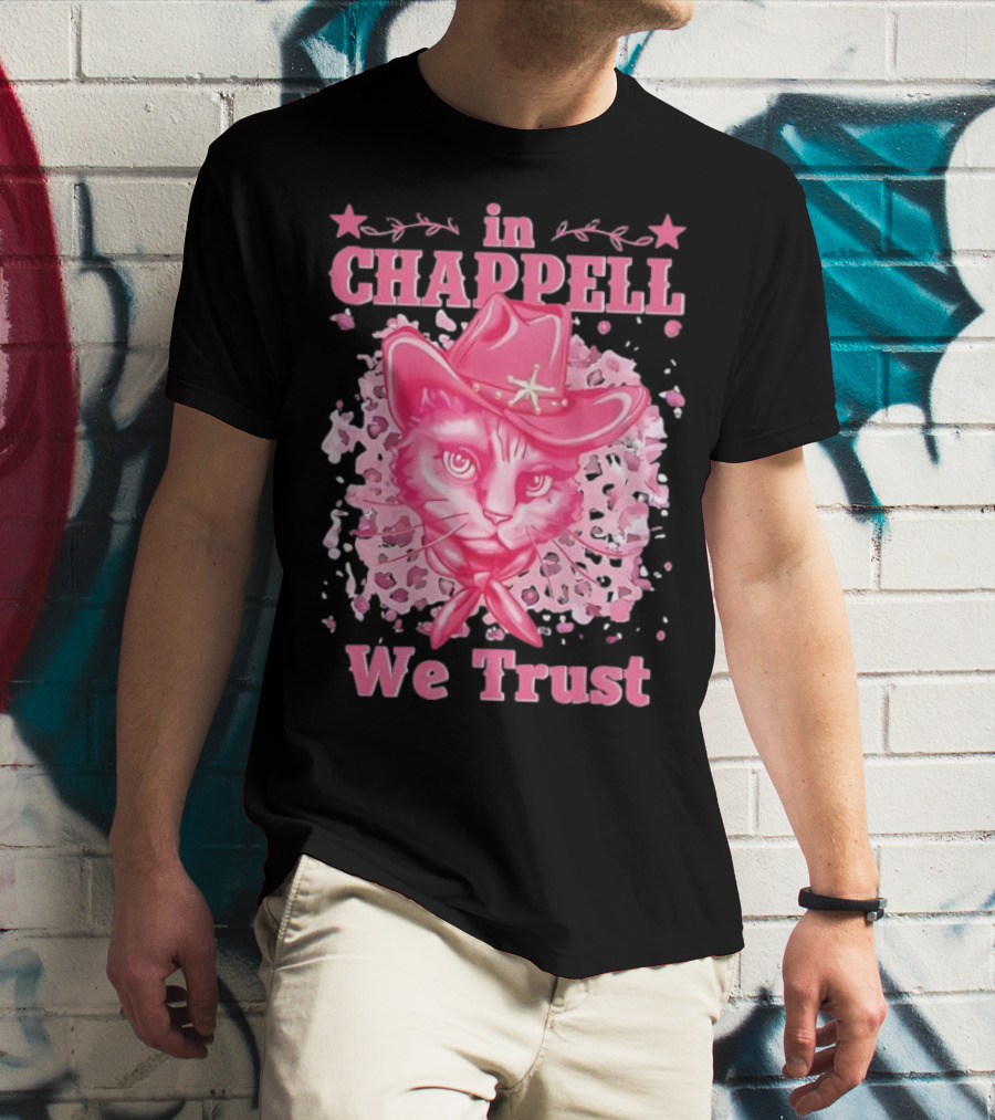 Cute Retro Cat In Chappell We Trust Cowboy Hat Pink Stars T-Shirt