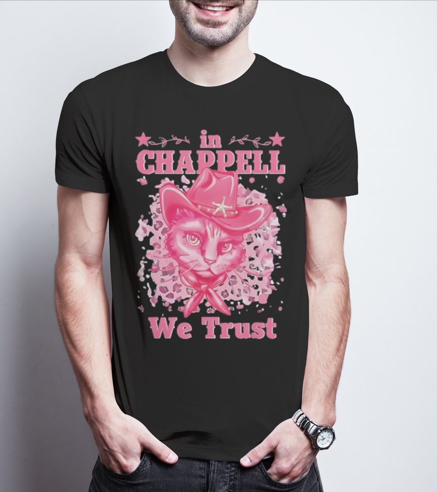 Cute Retro Cat In Chappell We Trust Cowboy Hat Pink Stars T-Shirt